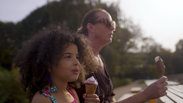 Mother and child eating ice cream on a summer day