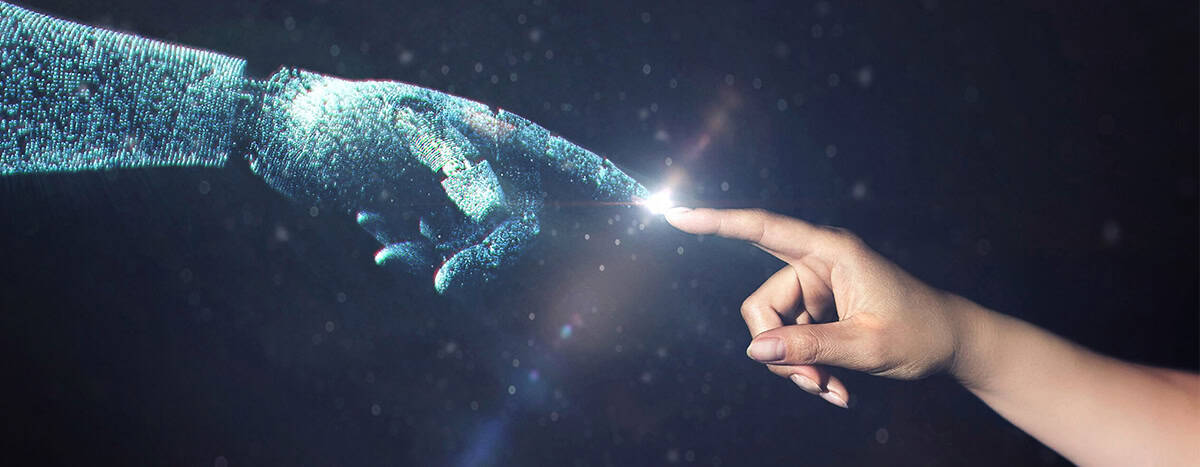 AI-representative hand connecting with a real human hand